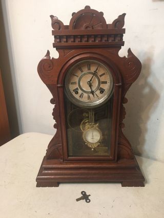 Antique Eastlake Kroeber Parlor Clock W/ Fancy Glass Pendulum