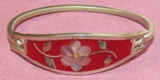 Vintage Sterling Silver Cuff Bracelet With Inlaid Coral & Abalone