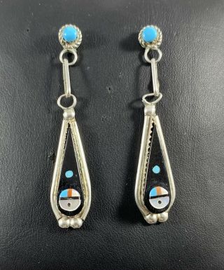 Vintage Old Pawn Zuni Sterling Silver Turquoise Onyx Coral Mop Earrings
