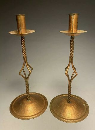 Pair Arts & Crafts Nekrassoff Copper Hand Hammered Candlesticks