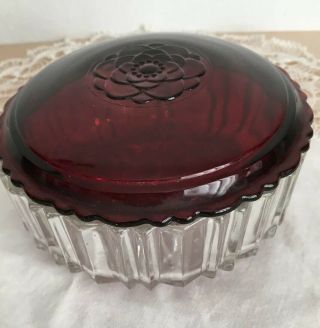 Vintage Clear Glass Powder / Trinket Jar W/ Ruby Red Lid