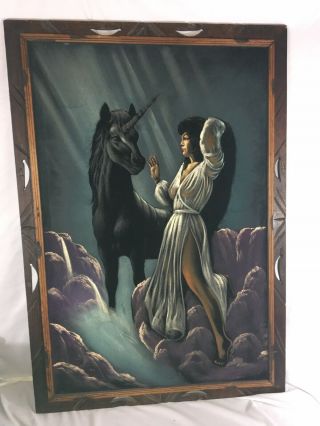 Huge Vtg Black Velvet Art Painting Unicorn With Woman Lady 40 X 28 Mcm Kitsch