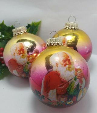 Vintage Christmas Ornaments 3 Krebs Mercury Glass Santa Ombre Mica Gold Caps