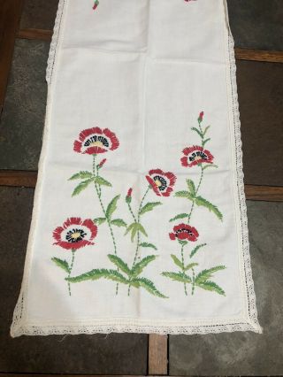 Vintage Hand - Embroidered Dresser Scarf/runner 13 X 35 Red Poppies