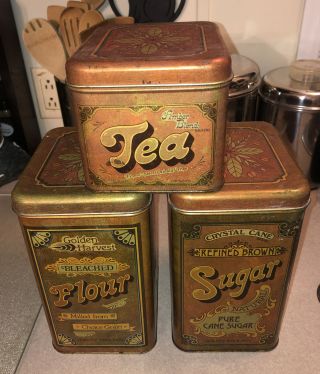 Vintage 1978 Golden Harvest Flour Crystal Cane Sugar Amber Blend Tea - Tin Set