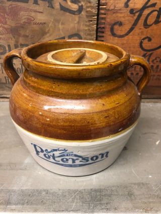 Antique Advertising Bean Pot The Peterson Co Winona Mn Red Wing Stoneware