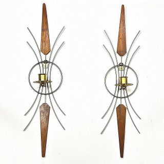 Set Of 2 Vintage Mid Century Wood And Brass Wall Sconce
