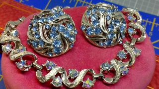 Vintage Signed Coro Blue Rhinestone Necklace Clip Earring Set