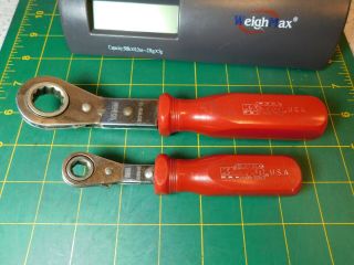 Vintage Kaster Tools Usa.  Red Handle Rown 8 & 15mm Angle Head Ratchet Wrenches