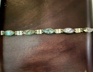 Vintage Taxco 925 Sterling Silver Abalone Inlay 7”panel Link Bracelet 11g Signed