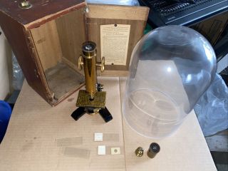 Vintage 19th Century Brass James Queen Phila Microscope With Case And Dome