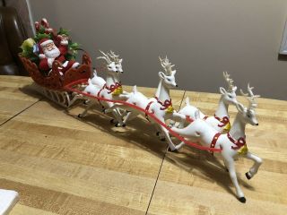 Vintage Plastic Santa Claus W/ Sleigh & 6 Reindeer Blow Mold 18 " L 50 