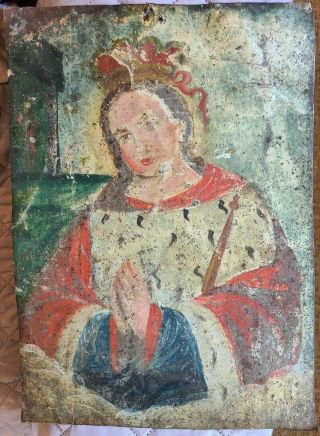 Antique 19th C.  Spanish Colonial Retablo Painting Virgin Mary Madonna Santos Art