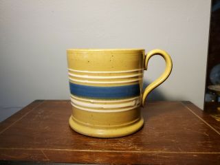 Antique Yellow Ware Mug W/ White & Blue Hand Applied Slip Bands 1830s - 1850s