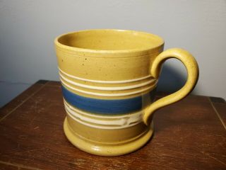 Antique Yellow Ware Mug W/ White & Blue Hand Applied Slip Bands 1830s - 1850s 2