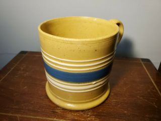 Antique Yellow Ware Mug W/ White & Blue Hand Applied Slip Bands 1830s - 1850s 3