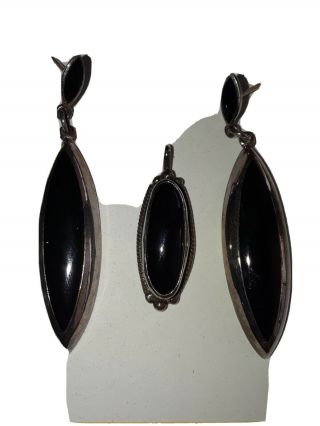 Vtg Native American Navajo Mp Sterling Silver & Black Onyx Earrings & Pendants