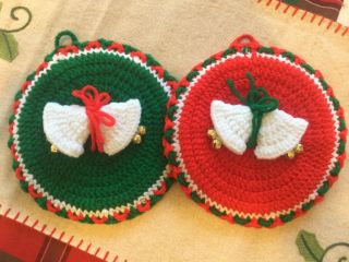 2 Vintage Christmas Hand Made Crochet Knit Pot Holders Hot Pads Red Green Bells