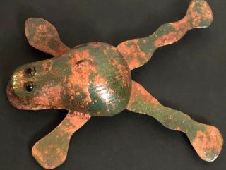 Vintage Raf Wood Carved Large Frog Fishing Decoy With Heavy Metal Legs