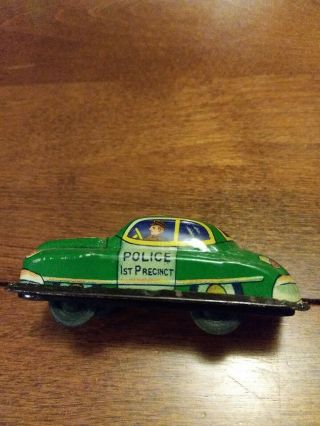 Vintage 1950 ' s Green Police Tin Friction Toy Car Japan 2