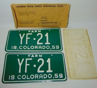 Vintage Set Of 2 1959 Colorado License Plates Farm Tags In Envelope