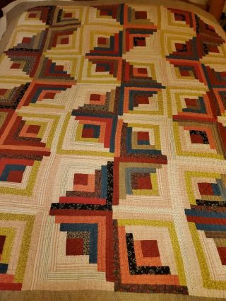 Stunning Antique Hand Stitched Log Cabin Quilt,  Early Fabrics,  Bright Colors