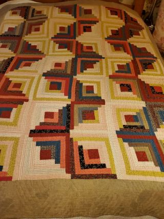 STUNNING ANTIQUE Hand stitched Log Cabin Quilt,  Early Fabrics,  Bright Colors 2
