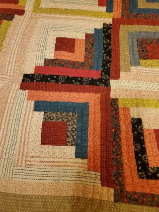 STUNNING ANTIQUE Hand stitched Log Cabin Quilt,  Early Fabrics,  Bright Colors 3