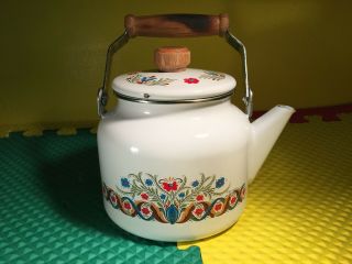 Vintage Berggren Swedish Enamelware Wood Handle Tea Pot Folk Art Cond