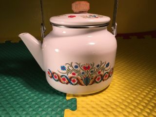 Vintage Berggren Swedish Enamelware Wood Handle Tea Pot Folk Art Cond 2