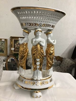 Large Porcelain White And Gold Neoclassical Figural Pierced Bowl Center Piece