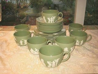 Vintage Wedgwood Sage Green Jasperware - 8 Cups & Saucers,  8 Luncheon Plates