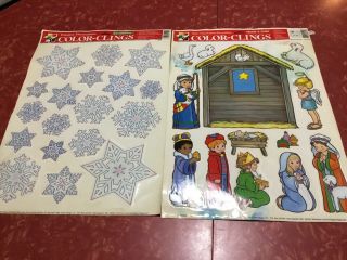 2 Vintage Color Clings Static Window Decorations Snowflakes & Nativity