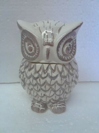 Vintage Small Wise Old Owl Lidded Jar Canister Cream Taupe Color 5 " Tall 4 " Wide