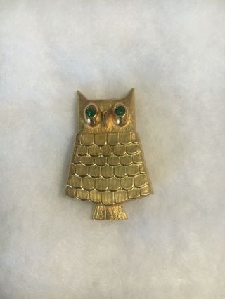 Vintage Avon Owl Perfume Locket Brooch Pin Green Rhinestone Eyes Gold Tone