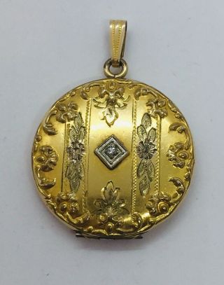 Antique Victorian Yellow Gold Filled & Diamond Ornate Locket Pendant