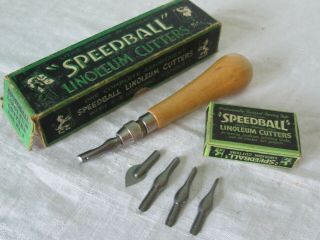 Vintage Speedball Linoleum Cutters Assortment No.  1 W/ 5 Blades