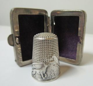 Antique Silver Thimble French Fable Fox & Raven With Case