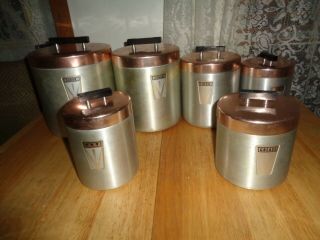 Vtg Maid Of Honor Spun Aluminum Canisters - Set Of 6 - Grease,  Flour,  Sugar,  Coffee,  Tea