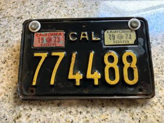 Vintage California Motorcycle License Plate Black/yellow W/1973 & 1974 Sticker