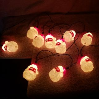 Vintage String Of 10 Christmas Lights With Plastic Santa Claus Face Head Covers