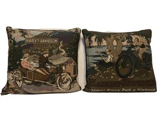 Vintage Collectible S/ 2 Harley Davidson Motor Cycle 15” Tapestry Throw Pillows