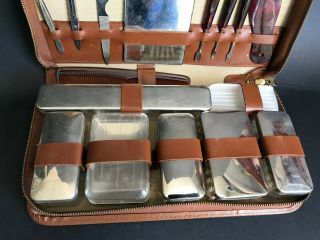 Brown Vintage Men ' s Vanity Travel Toiletry Grooming Set Kit Cowhide Leather Case 2
