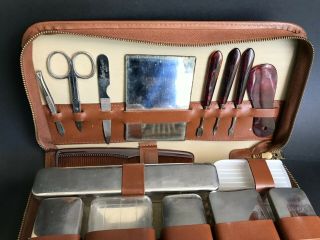 Brown Vintage Men ' s Vanity Travel Toiletry Grooming Set Kit Cowhide Leather Case 3