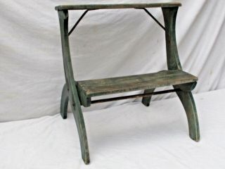 Antique Folk Art Two Tiered Plant Stand Old Green Paint Small Size