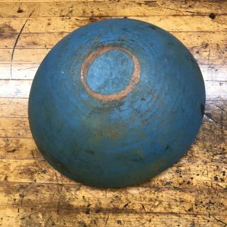 Primitive Turned Wooden Bowl In Dry Blue Paint 13 " Diameter