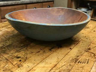 Primitive Turned Wooden Bowl In Dry Blue Paint 13 