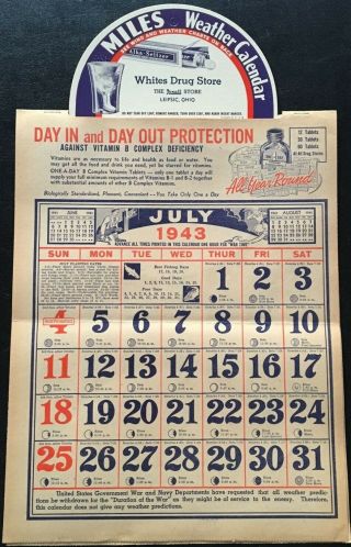Vintage 1943 WW II War Time Miles Drugstore Weather Calendar - Envelope 2
