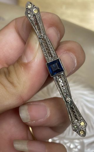 Vtg Art Deco Bar Pin Brooch Sterling Silver Sapphire Filigree