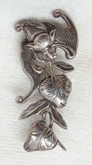 Antique Chinese Silver Repousse Double Sided Bat Brooch